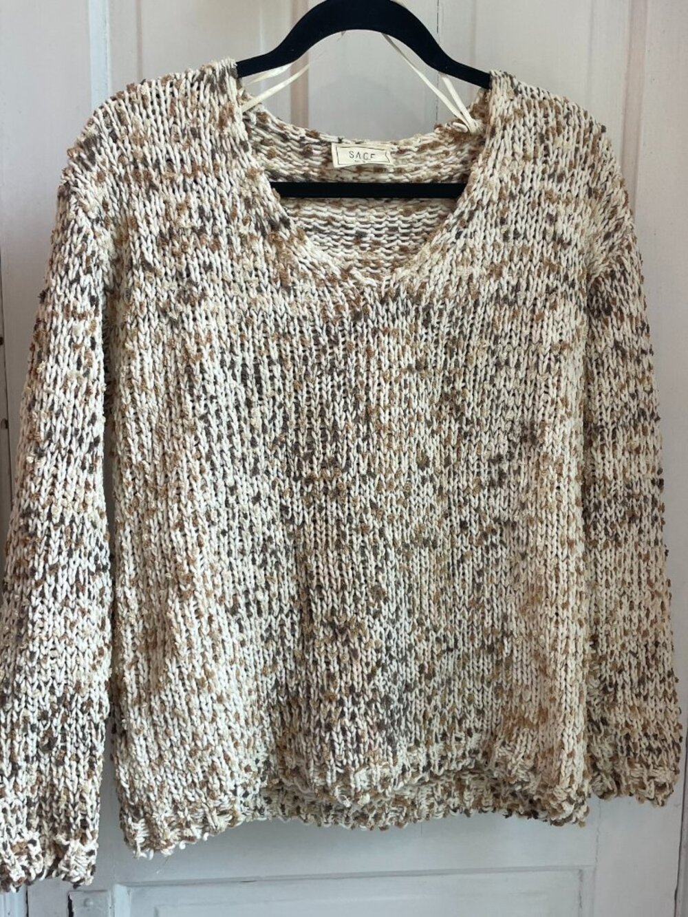 SAGE The Label Chunky Knit Sweater Cream Brown Speckled Cozy Size Small